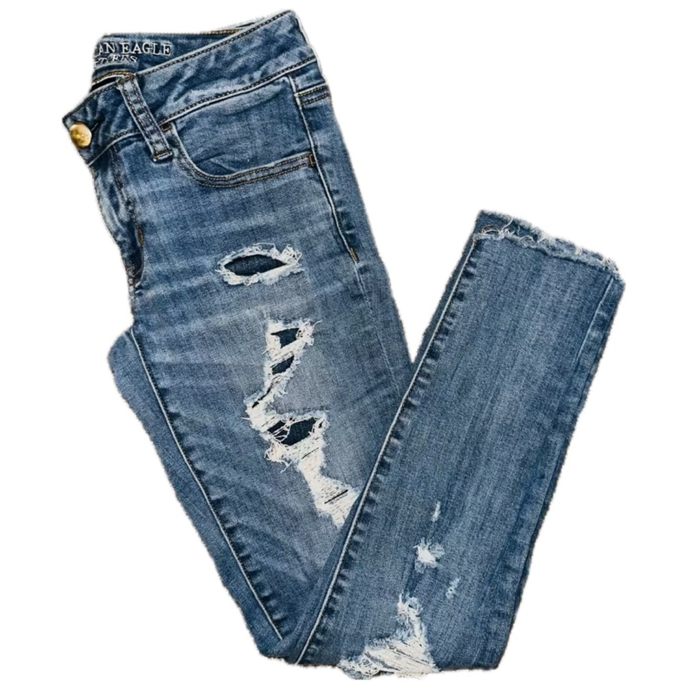 AE Super Stretch Distressed Low Rise Jegging, Light Wash, Size 3